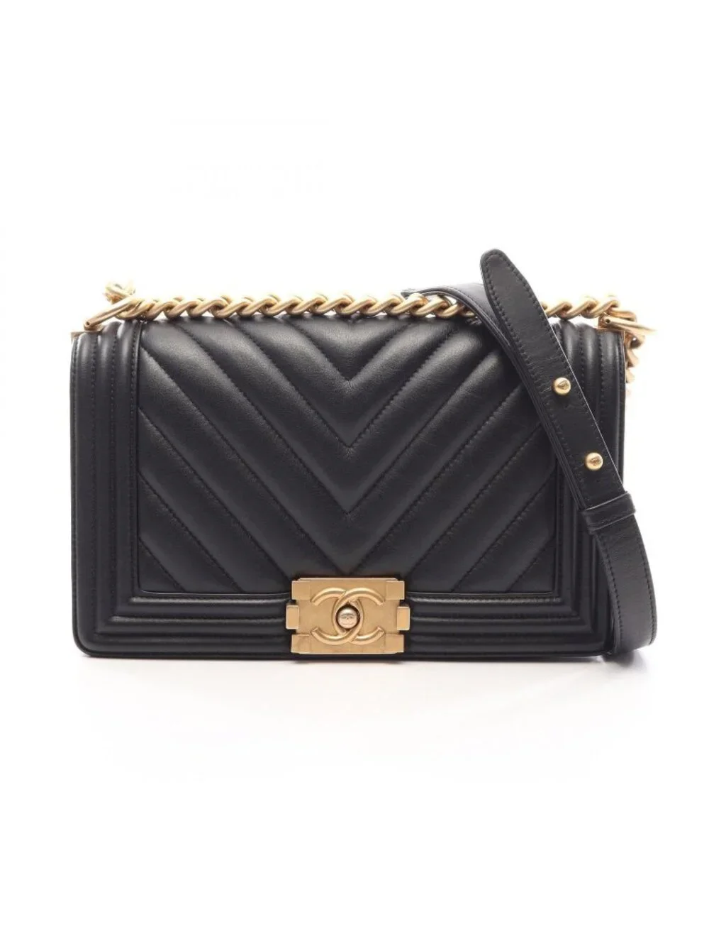 Chanel Shoulder Bag Boy Black Lambskin V-stitch Chain